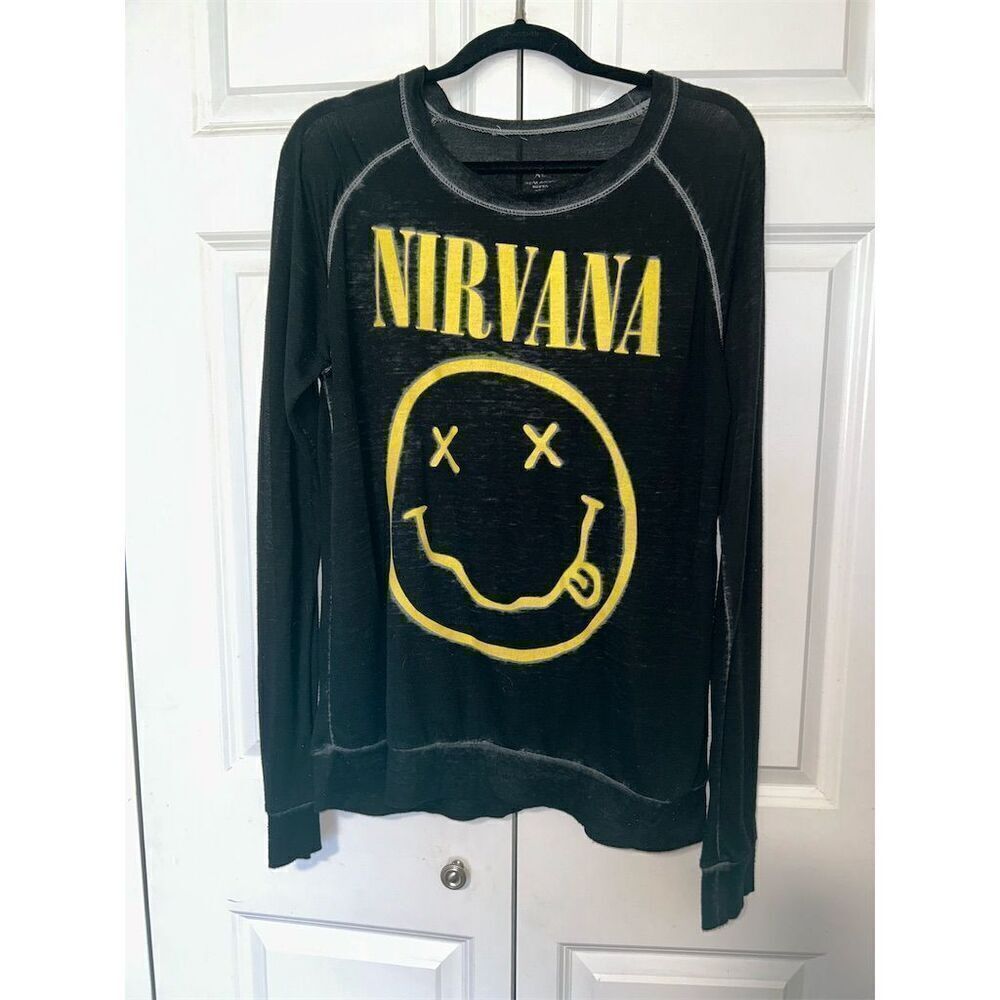 Nirvana Smiley Face Long Sleeve Black T-Shirt Unisex XL Graphic Print